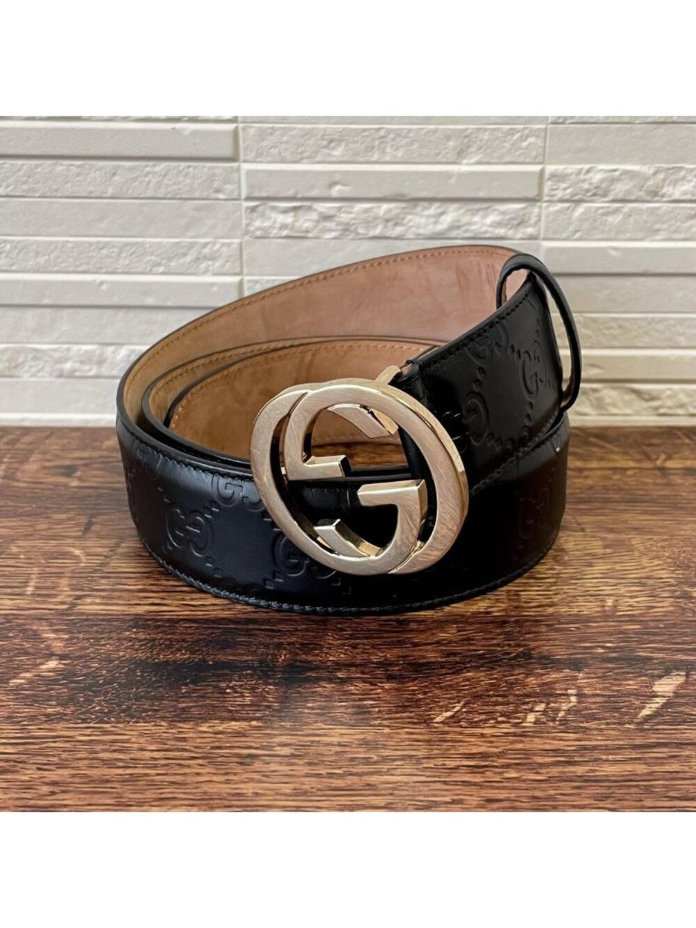 Gucci GG Interlocking G Buckle Leather Belt Silver Black
